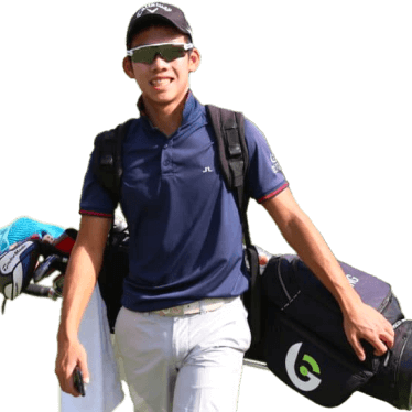 Vector image of golfer, Ian Peng smiling and walking with his bag of clubs